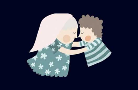Ilustración de una madre con pañuelo blanco abrazando a su hijo